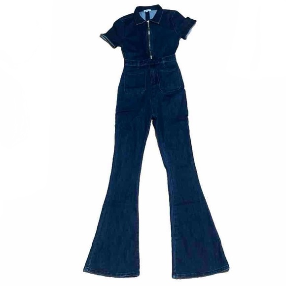 We Wore What Dark Wash Flare Denim Jumpsuit 70’s Boho Zip Up Collared XS - Picture 5 of 15